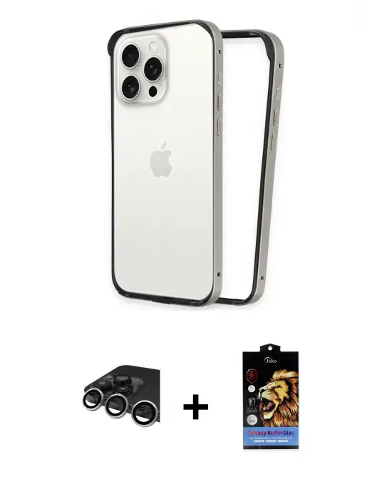 ieg™ iPhone 14 Pro Max Kılıf Pusula Asil Koleksiyonu - Siyah Buffer Hayalet Cam Ekran Koruyucu + Raze Metal Kamera Lens - GS