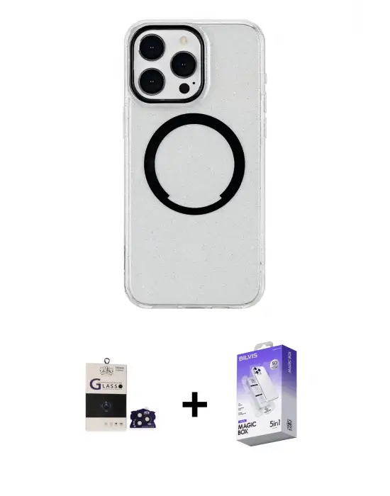 ieg™ iPhone 14 Pro Max Kılıf Pusula Form - Siyah Bilvis 5in1 3D Magic Cam Ekran Koruyucu + Bilvis Titan Kamera Lens - DNMR