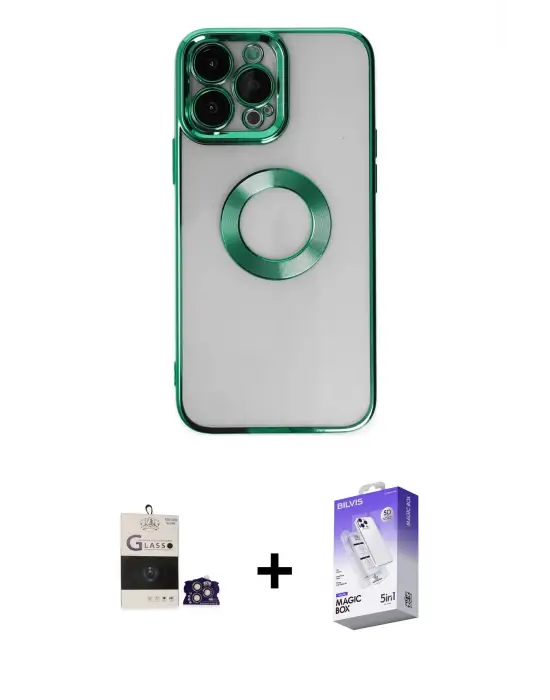 ieg™ iPhone 14 Pro Max Kılıf Pusula Form - Siyah Bilvis 5in1 3D Magic Cam Ekran Koruyucu + Bilvis Titan Kamera Lens - GS