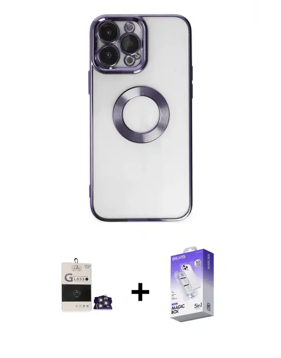 ieg™ iPhone 14 Pro Max Kılıf Pusula Form - Siyah Bilvis 5in1 3D Magic Cam Ekran Koruyucu + Bilvis Titan Kamera Lens - GS