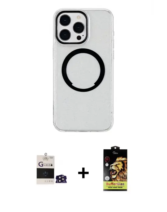ieg™ iPhone 14 Pro Max Kılıf Pusula Form - Siyah Buffer Cam Ekran Koruyucu + Bilvis Titan Kamera Lens - DNMR