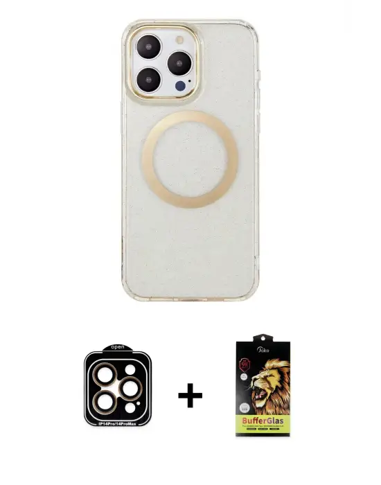 ieg™ iPhone 14 Pro Max Kılıf Pusula Form - Siyah Buffer Cam Ekran Koruyucu + PVD Metal Kamera Lens - TU