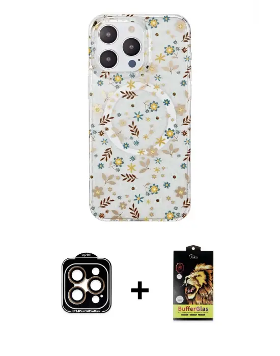 ieg™ iPhone 14 Pro Max Kılıf Pusula Form - Siyah Buffer Cam Ekran Koruyucu + PVD Metal Kamera Lens - TU