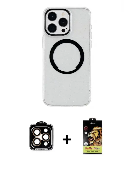 ieg™ iPhone 14 Pro Max Kılıf Pusula Form - Siyah Buffer Cam Ekran Koruyucu + PVD Metal Kamera Lens - TU