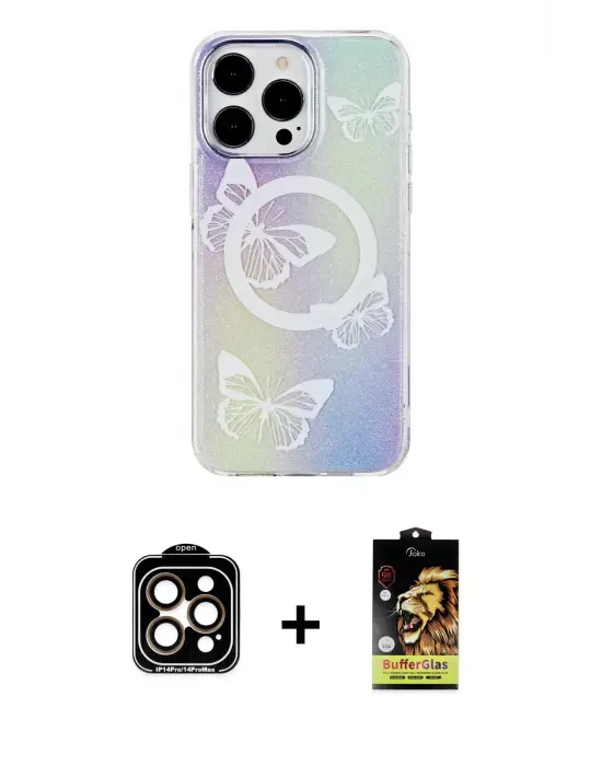 ieg™ iPhone 14 Pro Max Kılıf Pusula Form - Siyah Buffer Cam Ekran Koruyucu + PVD Metal Kamera Lens - TU