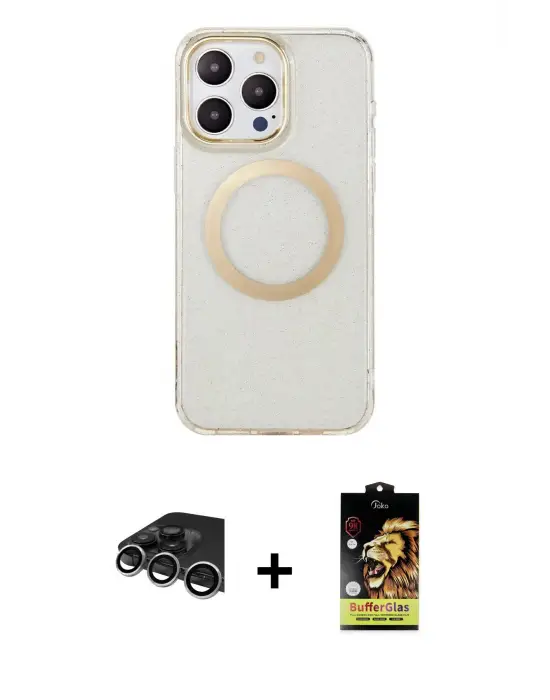 ieg™ iPhone 14 Pro Max Kılıf Pusula Form - Siyah Buffer Cam Ekran Koruyucu + Raze Metal Kamera Lens - GS