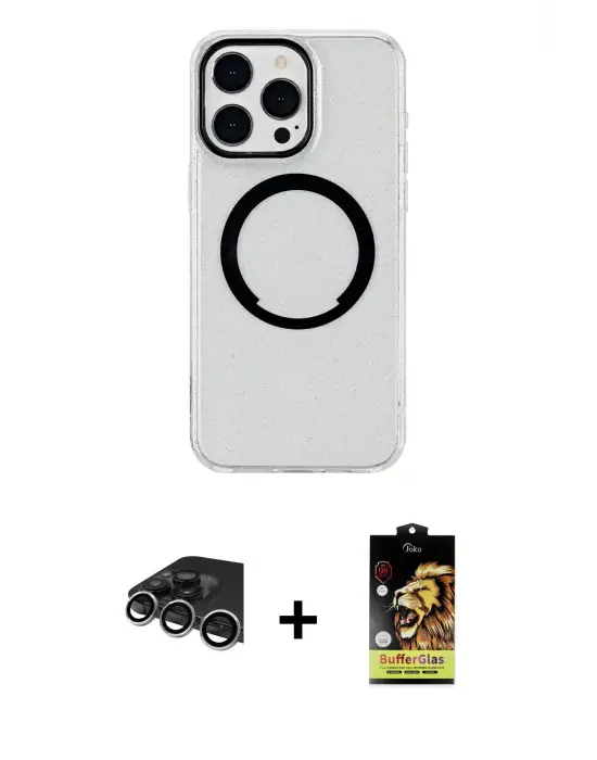 ieg™ iPhone 14 Pro Max Kılıf Pusula Form - Siyah Buffer Cam Ekran Koruyucu + Raze Metal Kamera Lens - GS