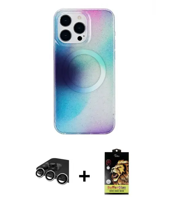 ieg™ iPhone 14 Pro Max Kılıf Pusula Form - Siyah Buffer Cam Ekran Koruyucu + Raze Metal Kamera Lens - GS