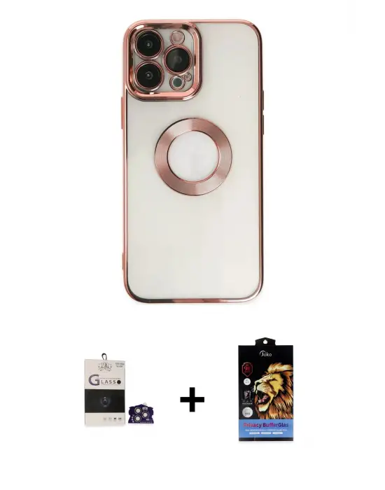 ieg™ iPhone 14 Pro Max Kılıf Pusula Form - Siyah Buffer Hayalet Cam Ekran Koruyucu + Bilvis Titan Kamera Lens - GS