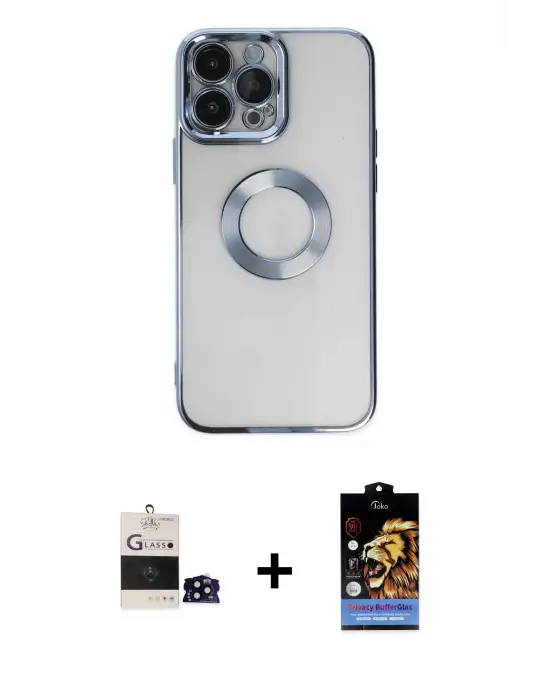 ieg™ iPhone 14 Pro Max Kılıf Pusula Form - Siyah Buffer Hayalet Cam Ekran Koruyucu + Bilvis Titan Kamera Lens - SH