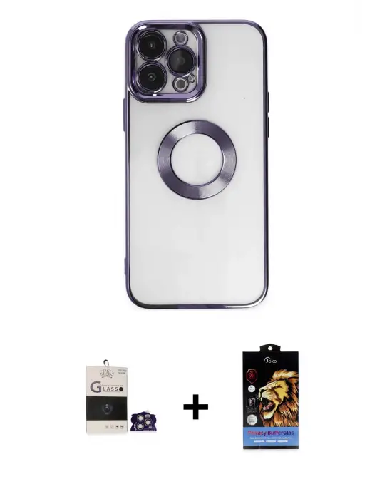 ieg™ iPhone 14 Pro Max Kılıf Pusula Form - Siyah Buffer Hayalet Cam Ekran Koruyucu + Bilvis Titan Kamera Lens - GS
