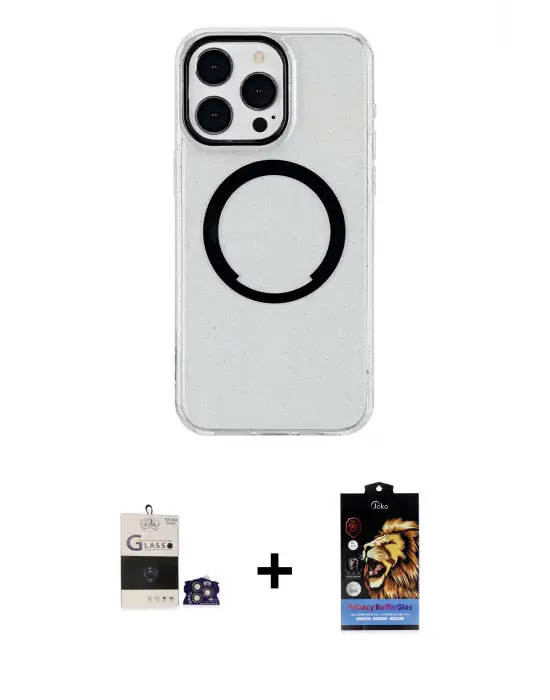 ieg™ iPhone 14 Pro Max Kılıf Pusula Form - Siyah Buffer Hayalet Cam Ekran Koruyucu + Bilvis Titan Kamera Lens - GS