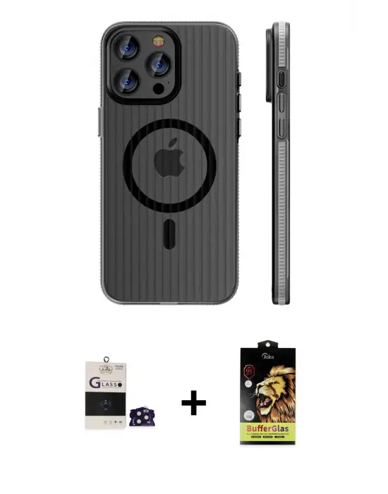 ieg™ iPhone 14 Pro Max Kılıf Pusula Minimal Koleksiyonu - Siyah Buffer Cam Ekran Koruyucu + Bilvis Titan Kamera Lens - DNMR