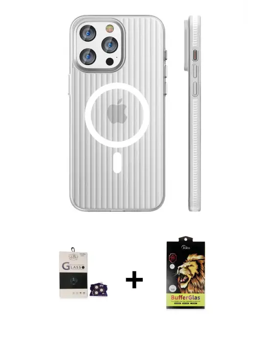 ieg™ iPhone 14 Pro Max Kılıf Pusula Minimal Koleksiyonu - Siyah Buffer Cam Ekran Koruyucu + Bilvis Titan Kamera Lens - GD