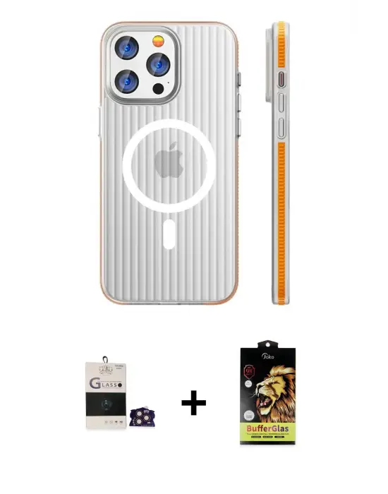 ieg™ iPhone 14 Pro Max Kılıf Pusula Minimal Koleksiyonu - Siyah Buffer Cam Ekran Koruyucu + Bilvis Titan Kamera Lens - GD