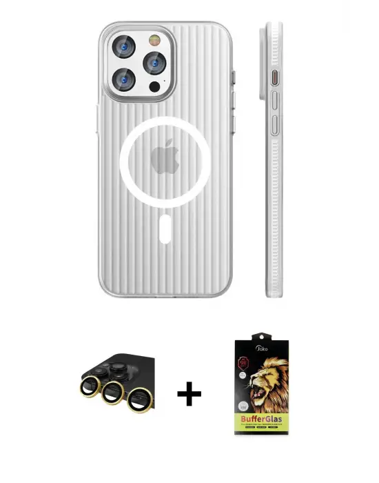 ieg™ iPhone 14 Pro Max Kılıf Pusula Minimal Koleksiyonu - Siyah Buffer Cam Ekran Koruyucu + Raze Metal Kamera Lens - GD