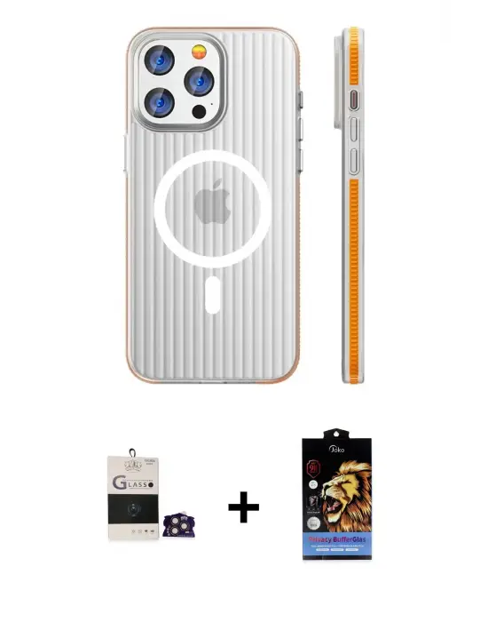 ieg™ iPhone 14 Pro Max Kılıf Pusula Minimal Koleksiyonu - Siyah Buffer Hayalet Cam Ekran Koruyucu + Bilvis Titan Kamera Lens - GD