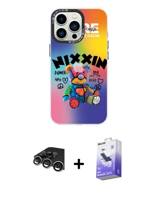 ieg™ iPhone 14 Pro Max Kılıf Siluet Çizgi Koleksiyonu - Siyah Bilvis 5in1 5D Magic Hayalet Cam Ekran Koruyucu + Raze Metal Kamera Lens - GS