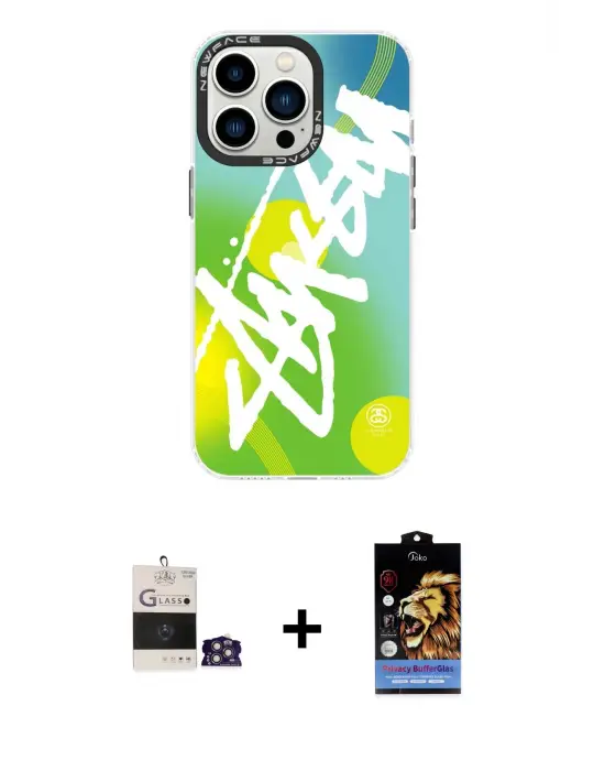 ieg™ iPhone 14 Pro Max Kılıf Siluet Çizgi Koleksiyonu - Siyah Buffer Hayalet Cam Ekran Koruyucu + Bilvis Titan Kamera Lens - GS