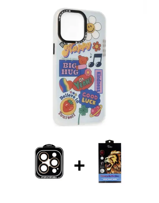 ieg™ iPhone 14 Pro Max Kılıf Siluet Çizgi Koleksiyonu - Siyah Buffer Hayalet Cam Ekran Koruyucu + PVD Metal Kamera Lens - TU