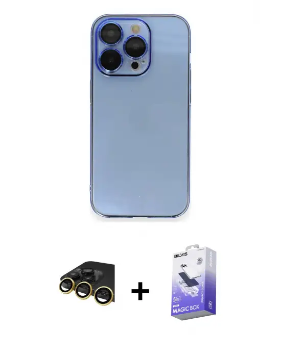 ieg™ iPhone 14 Pro Max Kılıf Siluet Minimal Özel Seri - Siyah Bilvis 5in1 5D Magic Hayalet Cam Ekran Koruyucu + Raze Metal Kamera Lens - GD