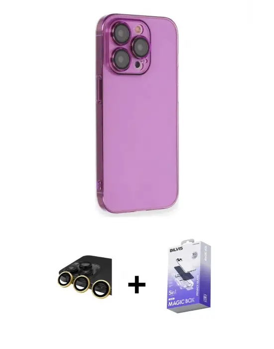 ieg™ iPhone 14 Pro Max Kılıf Siluet Minimal Özel Seri - Siyah Bilvis 5in1 5D Magic Hayalet Cam Ekran Koruyucu + Raze Metal Kamera Lens - GD