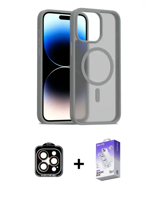ieg™ iPhone 14 Pro Max Kılıf Siluet Minimal Prime - Siyah Bilvis 5in1 3D Magic Cam Ekran Koruyucu + PVD Metal Kamera Lens - TU
