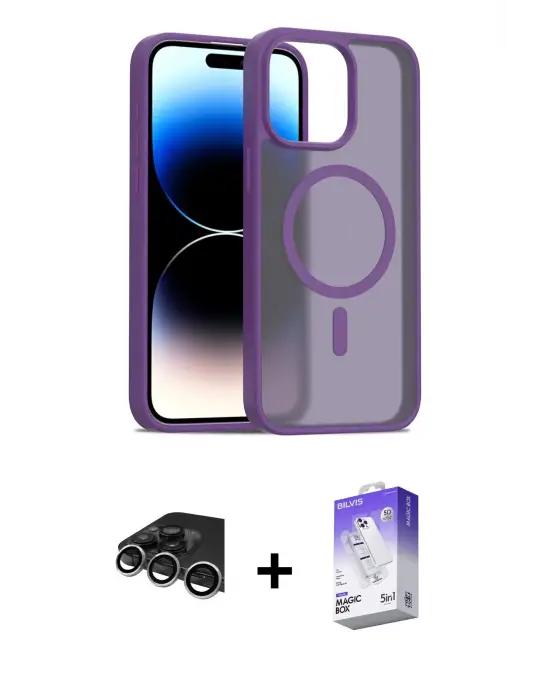 ieg™ iPhone 14 Pro Max Kılıf Siluet Minimal Prime - Siyah Bilvis 5in1 3D Magic Cam Ekran Koruyucu + Raze Metal Kamera Lens - GS