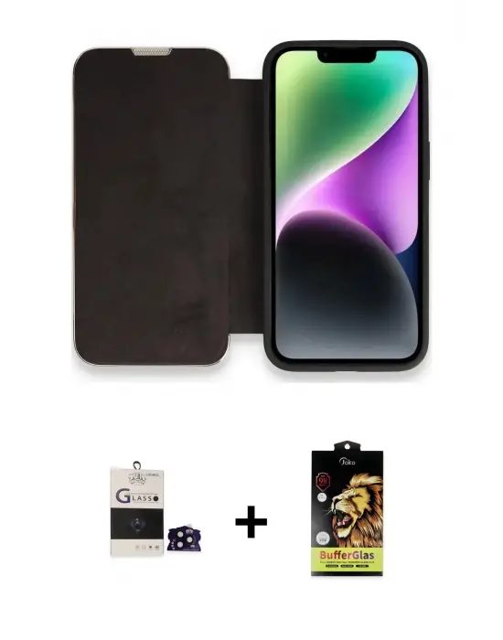ieg™ iPhone 14 Pro Max Kılıf Siluet Minimal Serisi - Siyah Buffer Cam Ekran Koruyucu + Bilvis Titan Kamera Lens - SH