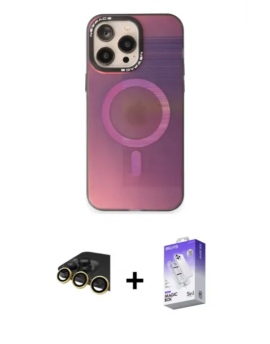 ieg™ iPhone 14 Pro Max Kılıf Siluet Modern Koleksiyonu - Siyah Bilvis 5in1 3D Magic Cam Ekran Koruyucu + Raze Metal Kamera Lens - GD