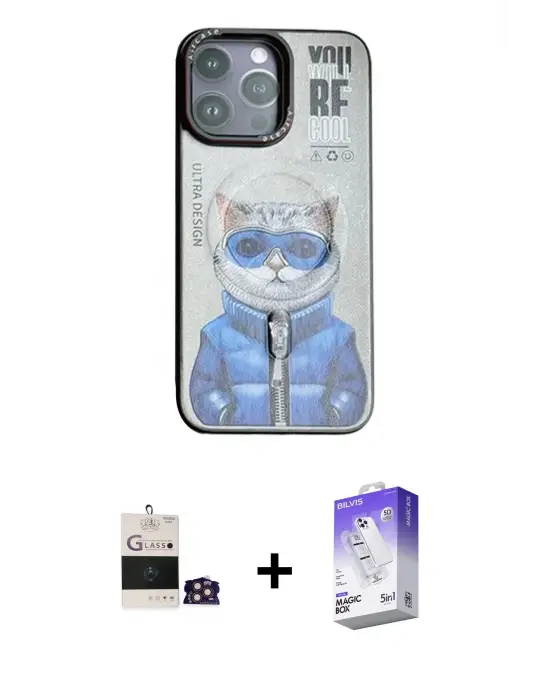 ieg™ iPhone 14 Pro Max Kılıf Siluet Modern Özel Seri - Siyah Bilvis 5in1 3D Magic Cam Ekran Koruyucu + Bilvis Titan Kamera Lens - GD
