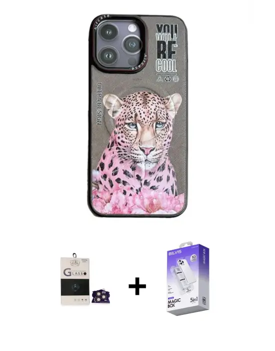 ieg™ iPhone 14 Pro Max Kılıf Siluet Modern Özel Seri - Siyah Bilvis 5in1 3D Magic Cam Ekran Koruyucu + Bilvis Titan Kamera Lens - GD
