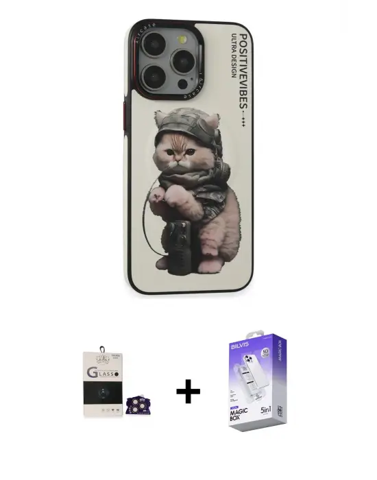 ieg™ iPhone 14 Pro Max Kılıf Siluet Modern Özel Seri - Siyah Bilvis 5in1 3D Magic Cam Ekran Koruyucu + Bilvis Titan Kamera Lens - GD