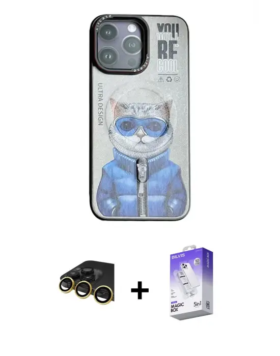 ieg™ iPhone 14 Pro Max Kılıf Siluet Modern Özel Seri - Siyah Bilvis 5in1 3D Magic Cam Ekran Koruyucu + Raze Metal Kamera Lens - GD