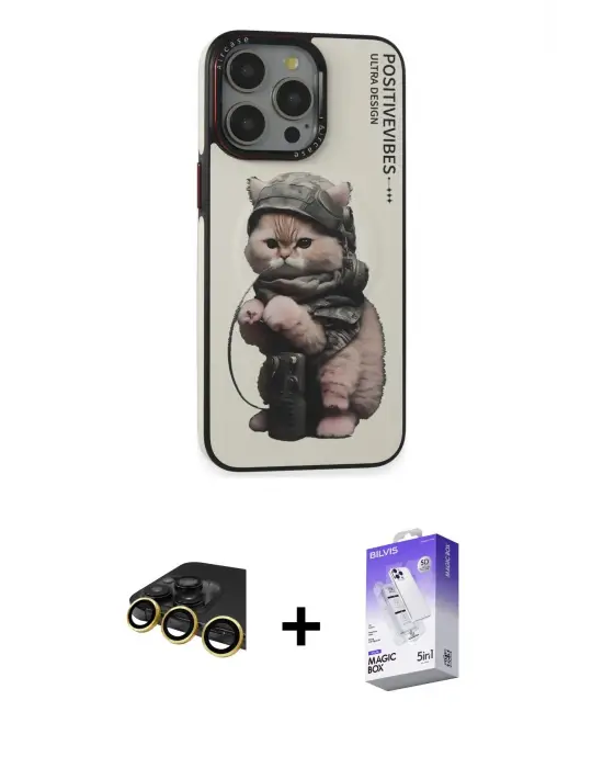 ieg™ iPhone 14 Pro Max Kılıf Siluet Modern Özel Seri - Siyah Bilvis 5in1 3D Magic Cam Ekran Koruyucu + Raze Metal Kamera Lens - GD