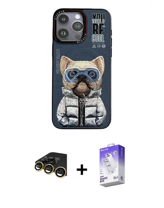 ieg™ iPhone 14 Pro Max Kılıf Siluet Modern Özel Seri - Siyah Bilvis 5in1 3D Magic Cam Ekran Koruyucu + Raze Metal Kamera Lens - GD