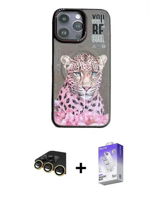 ieg™ iPhone 14 Pro Max Kılıf Siluet Modern Özel Seri - Siyah Bilvis 5in1 3D Magic Cam Ekran Koruyucu + Raze Metal Kamera Lens - GD