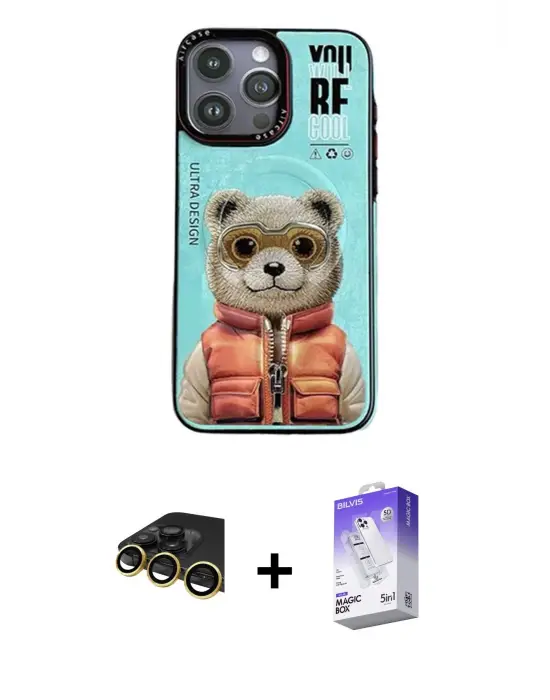 ieg™ iPhone 14 Pro Max Kılıf Siluet Modern Özel Seri - Siyah Bilvis 5in1 3D Magic Cam Ekran Koruyucu + Raze Metal Kamera Lens - GD