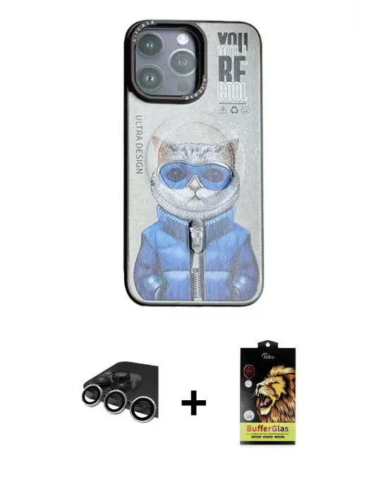 ieg™ iPhone 14 Pro Max Kılıf Siluet Modern Özel Seri - Siyah Buffer Cam Ekran Koruyucu + Raze Metal Kamera Lens - GS