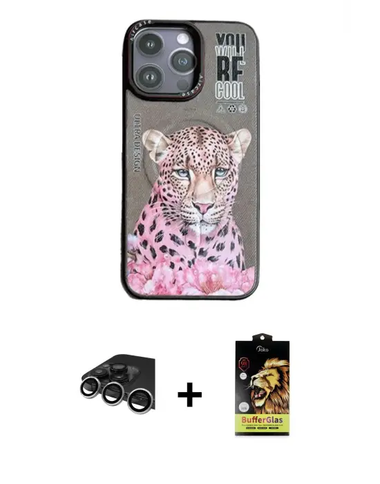 ieg™ iPhone 14 Pro Max Kılıf Siluet Modern Özel Seri - Siyah Buffer Cam Ekran Koruyucu + Raze Metal Kamera Lens - GS