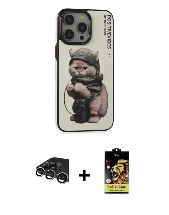 ieg™ iPhone 14 Pro Max Kılıf Siluet Modern Özel Seri - Siyah Buffer Cam Ekran Koruyucu + Raze Metal Kamera Lens - GS