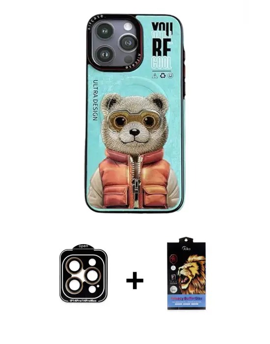 ieg™ iPhone 14 Pro Max Kılıf Siluet Modern Özel Seri - Siyah Buffer Hayalet Cam Ekran Koruyucu + PVD Metal Kamera Lens - TU