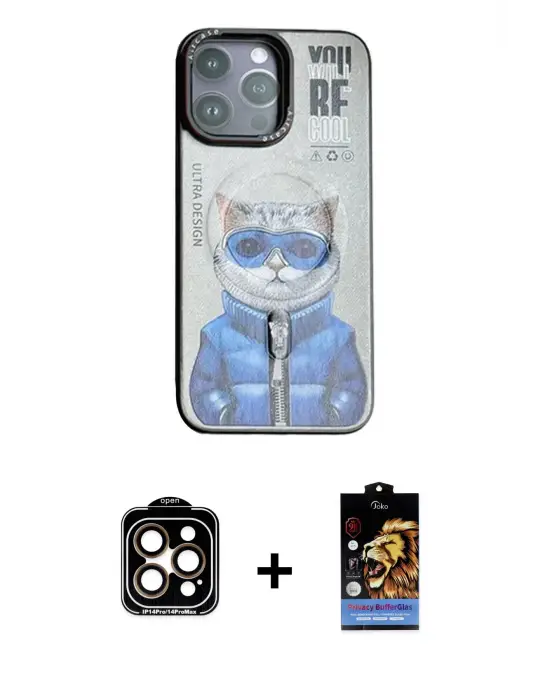 ieg™ iPhone 14 Pro Max Kılıf Siluet Modern Özel Seri - Siyah Buffer Hayalet Cam Ekran Koruyucu + PVD Metal Kamera Lens - TU