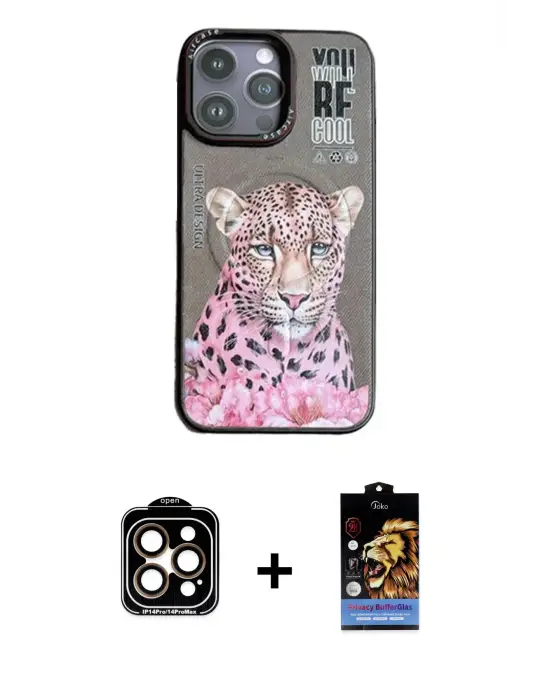 ieg™ iPhone 14 Pro Max Kılıf Siluet Modern Özel Seri - Siyah Buffer Hayalet Cam Ekran Koruyucu + PVD Metal Kamera Lens - TU