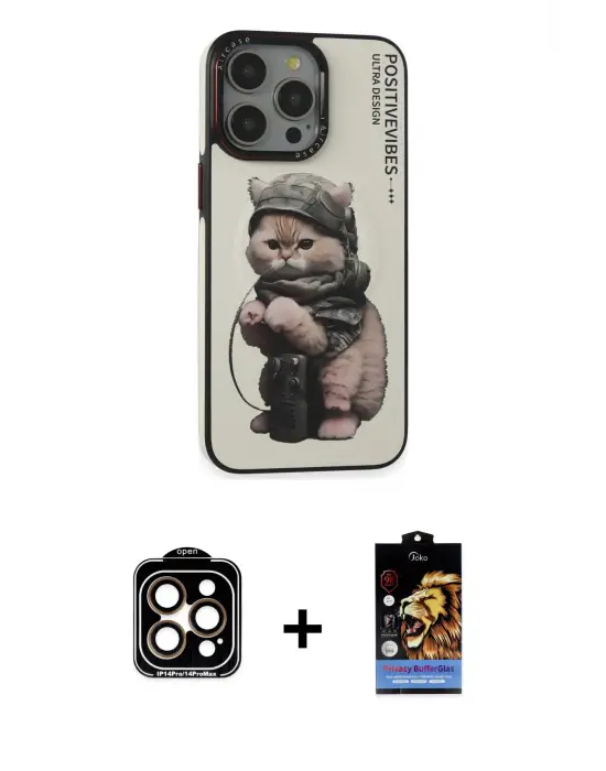 ieg™ iPhone 14 Pro Max Kılıf Siluet Modern Özel Seri - Siyah Buffer Hayalet Cam Ekran Koruyucu + PVD Metal Kamera Lens - TU