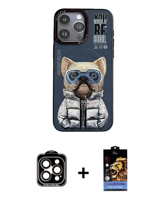 ieg™ iPhone 14 Pro Max Kılıf Siluet Modern Özel Seri - Siyah Buffer Hayalet Cam Ekran Koruyucu + PVD Metal Kamera Lens - TU