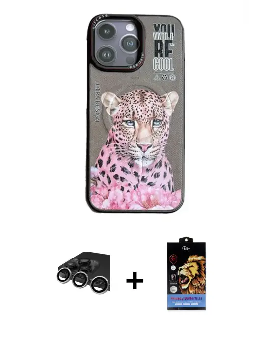ieg™ iPhone 14 Pro Max Kılıf Siluet Modern Özel Seri - Siyah Buffer Hayalet Cam Ekran Koruyucu + Raze Metal Kamera Lens - GS