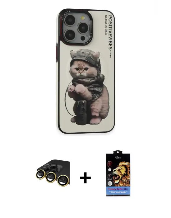 ieg™ iPhone 14 Pro Max Kılıf Siluet Modern Özel Seri - Siyah Buffer Hayalet Cam Ekran Koruyucu + Raze Metal Kamera Lens - GD