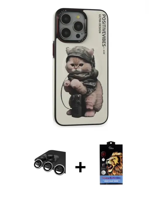 ieg™ iPhone 14 Pro Max Kılıf Siluet Modern Özel Seri - Siyah Buffer Hayalet Cam Ekran Koruyucu + Raze Metal Kamera Lens - GS