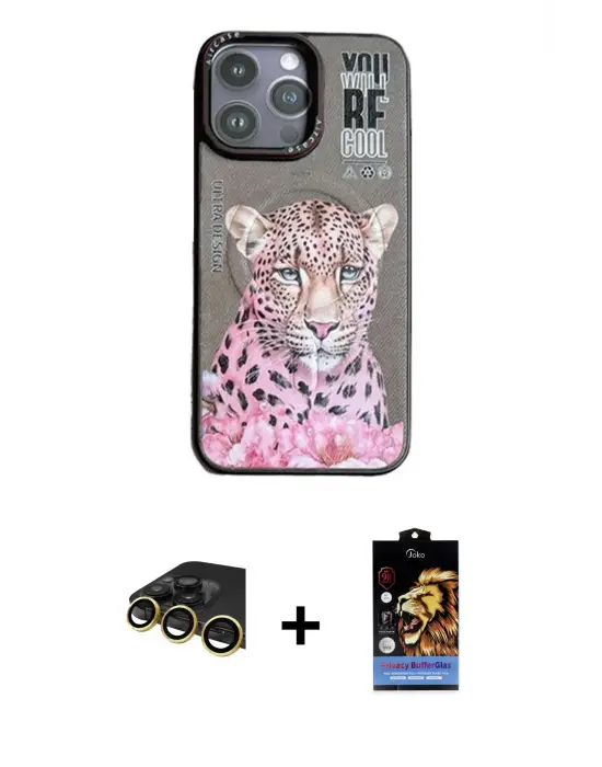 ieg™ iPhone 14 Pro Max Kılıf Siluet Modern Özel Seri - Siyah Buffer Hayalet Cam Ekran Koruyucu + Raze Metal Kamera Lens - GD